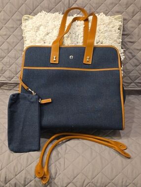 Etienne Aigner Canvas Twill Navy Denim Tote with Tan Trim